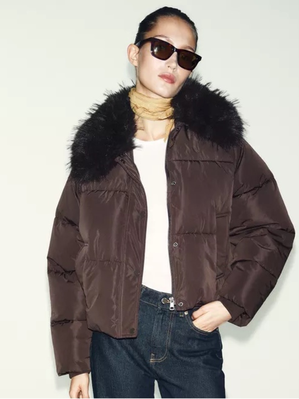 ZARA FAUX FUR LAPEL QUILTED BOMBER JACKET